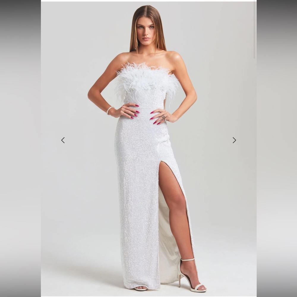 Retrofete Dolly Sequin Feather Dress in Moonglow White